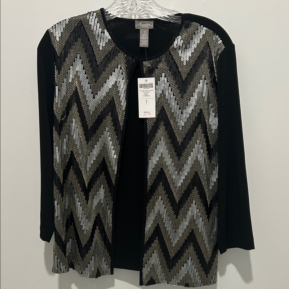 NWT Chico's Black and Silver Sequin Cardigan size 1 (8-10) size medium